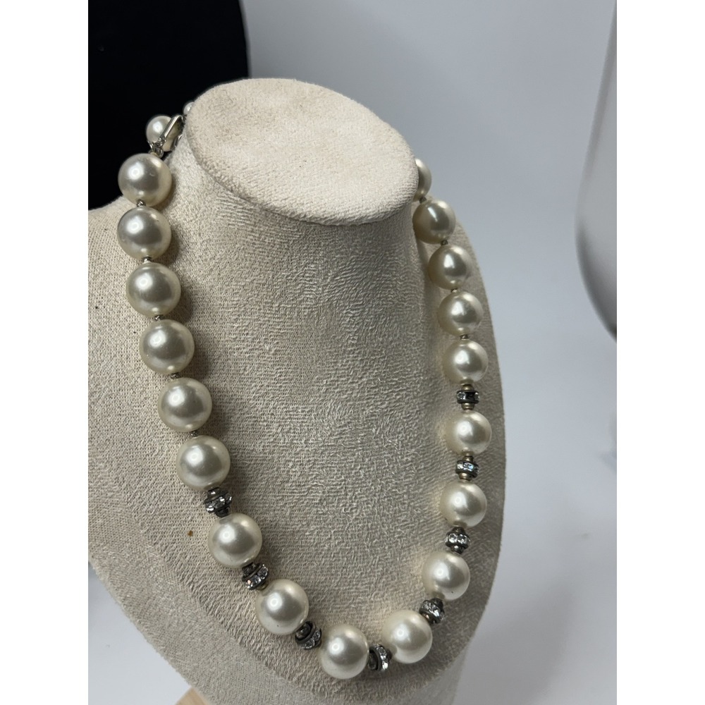 Vintage Faux Pearl Necklace Rhinestone Rondelle Spacers Silver Tone Hook Clasp